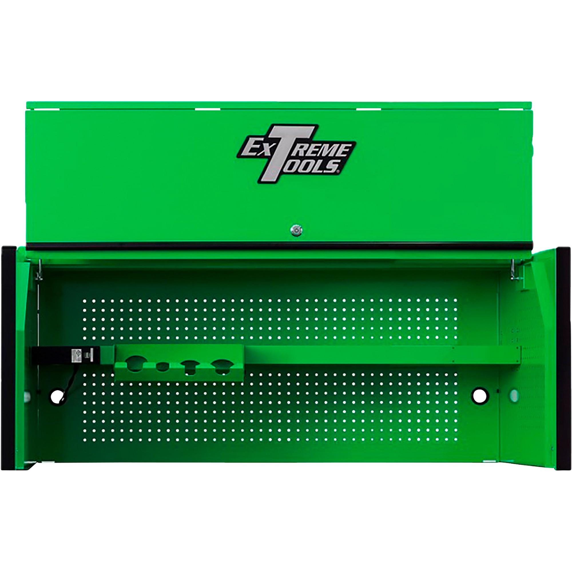 Extreme Tools Power Workstation Hutch - 55in.W x 25in.D, Green/Black, Adjustable Shelf, Power Strip, Model# RX552501HCGNBK